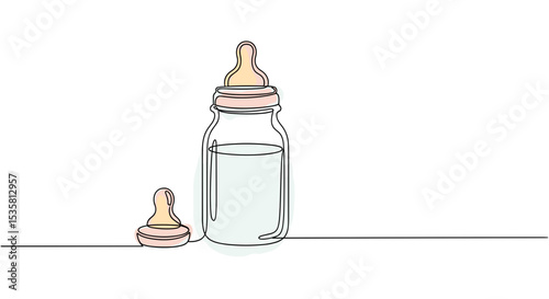 Baby milk bottle with nipple - one line doodle drawing with watercolor fill, minimalistic vector illustration on white background
