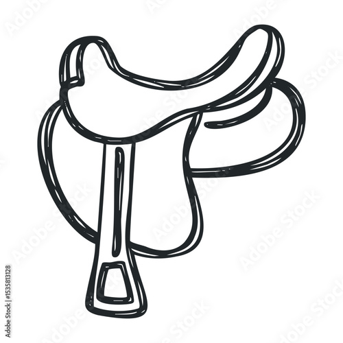 Hand-drawn outline of an equestrian saddle with stirrups – stock vector icon in line drawing style