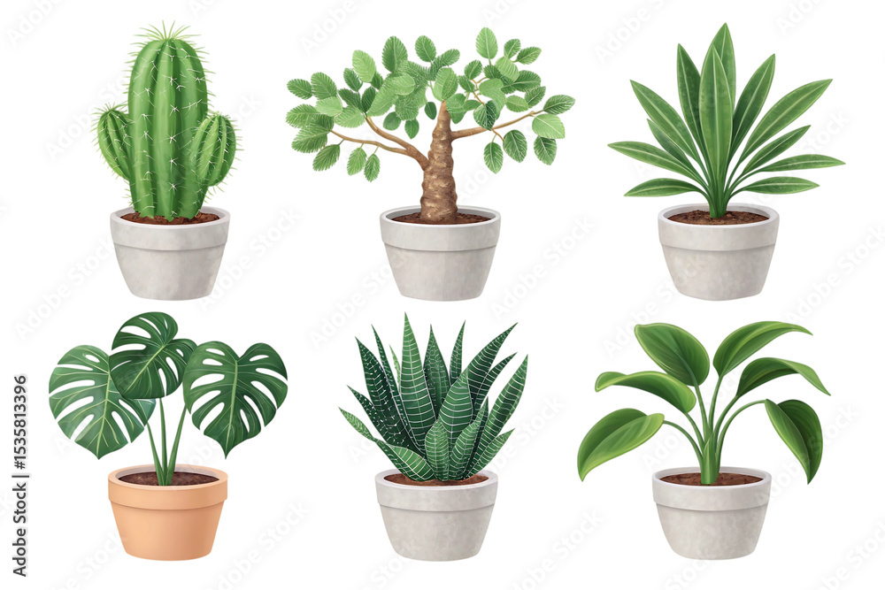 Fototapeta premium Six potted plants realistic P N G isolated on a transparent background