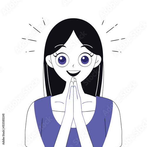 Animated darkhaired girl smiles with palms together while wearing a purple top