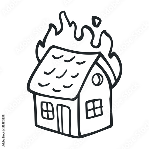 Simple illustration of house on fire with flames – stock vector icon in line drawing style