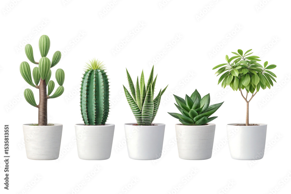 Fototapeta premium Six potted succulents plants isolated on a transparent background