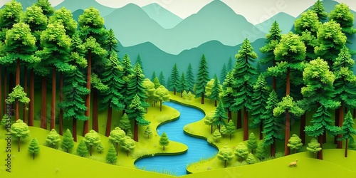 Layered paper cut forest, green trees, winding river path,   invitation,  whimsical