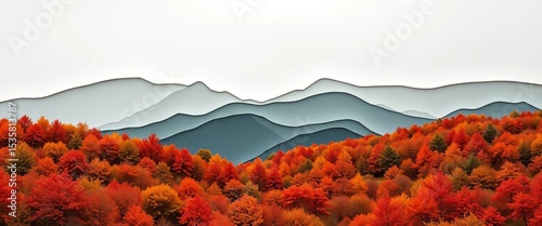 Layered paper cut hills, autumn foliage, stylized landscape, design, silhouette