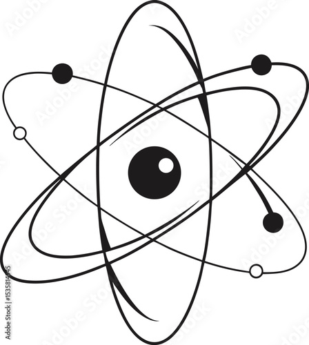 Schematic Atomic Structure Graphic Basic Black and White Science Illustration with Electrons and Nucleus