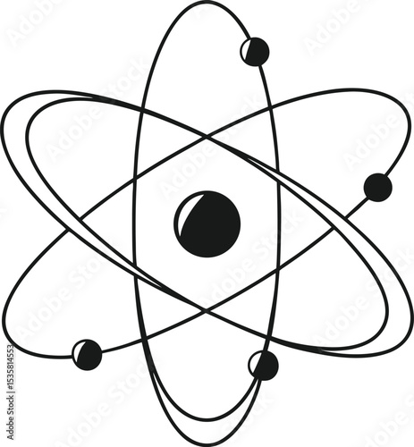 Minimalist Black and White Atom Illustration  Simple Scientific Diagram with Nucleus and Electron Orbits on White Background