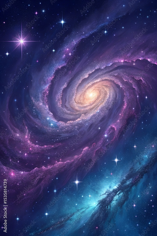 Fototapeta premium Colorful Spiral Galaxy Vortex in Deep Space with Glowing Stars and Nebula Clouds