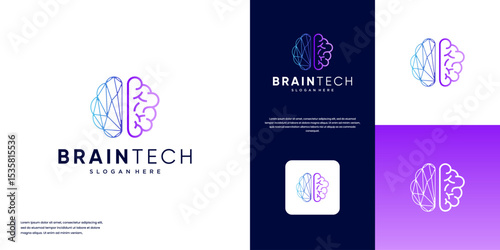 Human brain logo with modern technology style neural network, graphic design illustration.