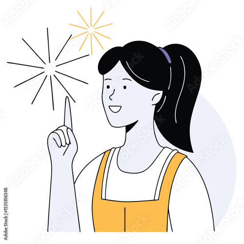 Smiling young brunette woman points towards geometric stars with a bright idea