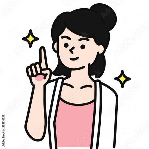 Smiling Asian woman with her finger raised, surrounded by glittering star shapes