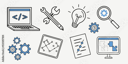 Collection of hand-drawn software development and engineering icons ideal for user interface design and applications