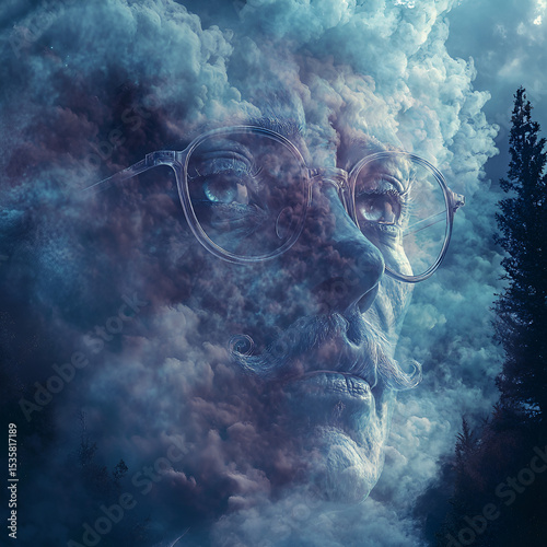 Surreal Cloud Face with Glasses
