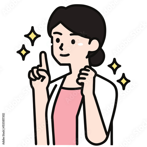 Cheerful cartoon woman with a shining star raising her index finger and smiling