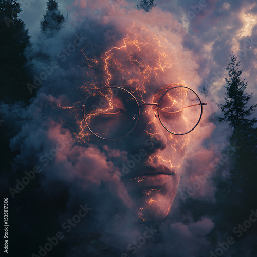 Surreal Cloud Face with Glasses
