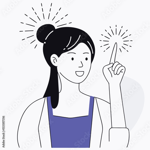 Happy young woman raises her finger to highlight a bright idea concept