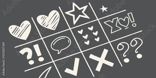 Hand drawn tic tac toe game board featuring hearts stars speech bubbles check marks and question marks