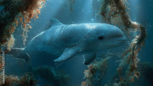 Beautiful Dolphin Swimming Underwater with Sun Rays Shining Through the Water, Wildlife