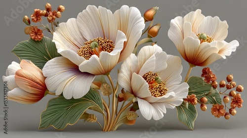 Elegant cream floral artwork with golden accents high resolution photo