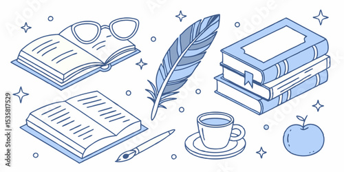 Whimsical illustration depicting books feather pen apple coffee cup and glasses suitable for reading and education