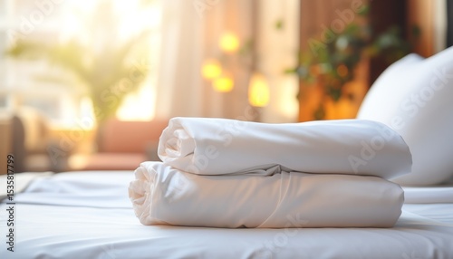 Soft white towels elegantly stacked on a cozy bed in a warm and inviting room with natural light and plush furnishings
