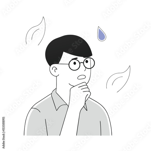 Contemplative man with round glasses and hand on chin looks like he is pondering