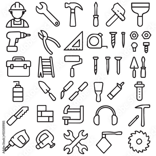 Construction Tools and Equipment Outlined in Black and White for DIY Home Improvement and Professional Trade Work
