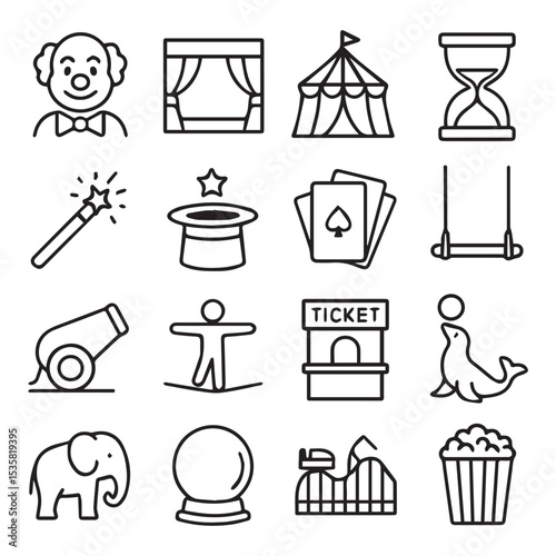 Circus and Entertainment Icons Bold Line Art Style Whimsical and Playful Designs Perfect for Themed Projects and Illustrations