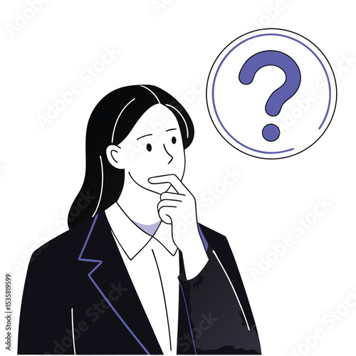 Thoughtful businesswoman ponders a question mark, her hand on chin shows thoughtful pose