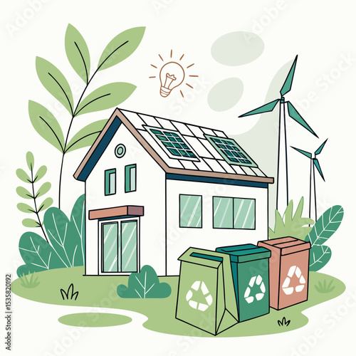 Sustainable Living Eco-Friendly Home with Solar Panels and Recycling