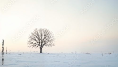 Solitary Bare Tree Ethereal, Symbolizing Winter Stillness against Vast Snow-Covered Plain and Light Hazy Sky [with copy space] photo