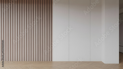 Modern Minimalist Interior Design featuring Wood Slat Wall and White Wall Mockup for Art or Decor