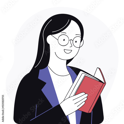 Spectacled woman with dark hair and a blazer enjoys reading a red book
