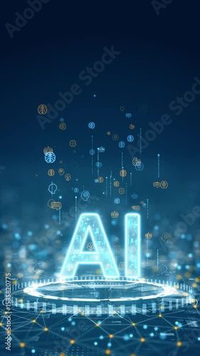 Motion graphic of glowing AI text with floating neural and tech icons, symbolizing artificial intelligence and futuristic computing in vertical layout.
