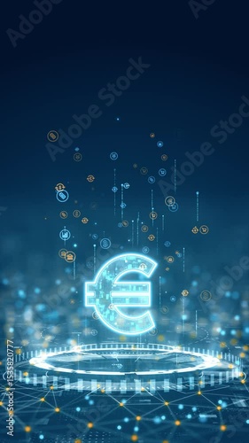 Motion graphic of a glowing euro symbol surrounded by digital currency icons, vertical video format emphasizing finance and technology themes.
