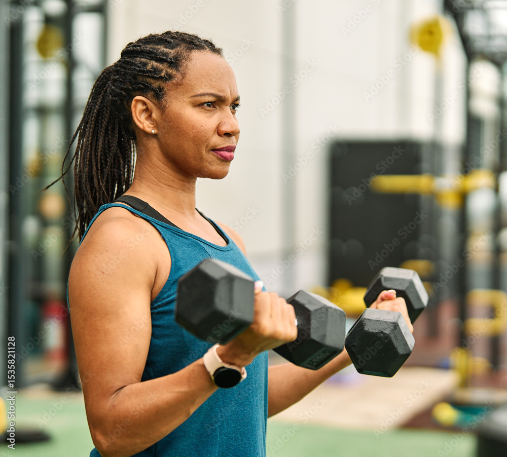 Fototapeta premium Portrait of a young black woman or trainer exercising in a gym, lifting weights, dumbbell equipment, healthy lifestyle and strength exercise at fitness club concepts