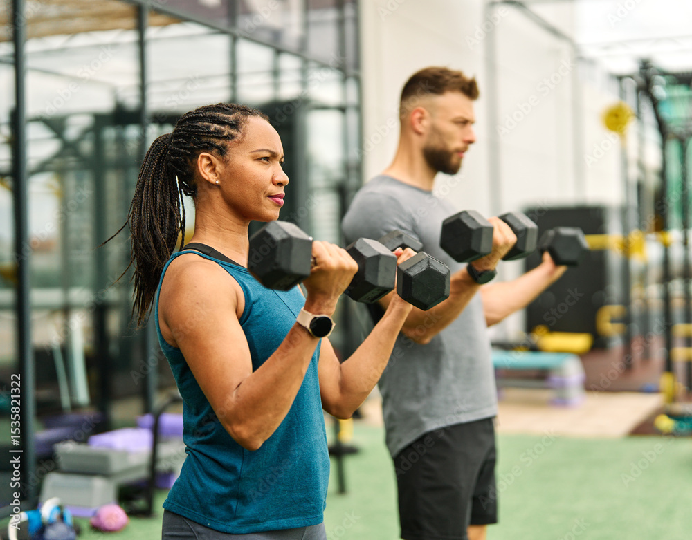 Fototapeta premium Portrait of a young black woman and white man coach or trainer exercising in a gym, lifting weights, dumbbell equipment, healthy lifestyle and strength exercise at fitness club concepts