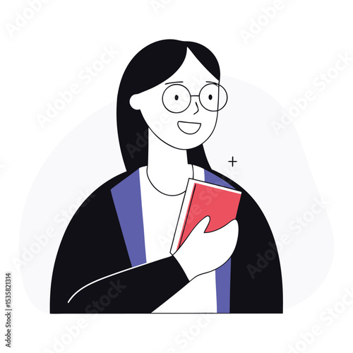Smiling young lady wearing glasses joyfully presents a red book to someone now