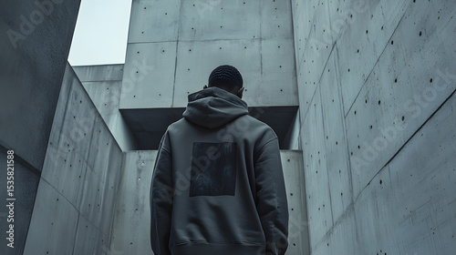 Streetwear model wearing dark-toned hoodie with bold graphic on the back, standing against brutalist concrete architecture