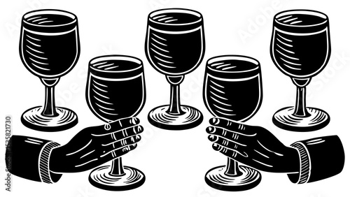 Elegant black and white illustration featuring hands holding wine glasses ready for celebration and toasting events.