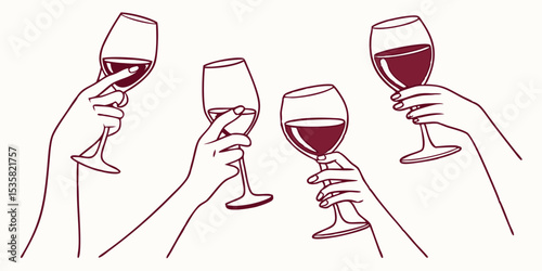 Elegant outline illustration of hands holding wine glasses with red wine suitable for celebration themes