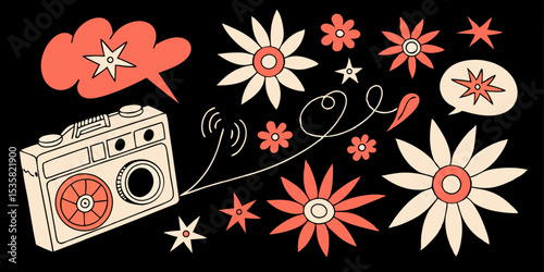 Retro styled radio flowers and stars illustration with floral decorative elements and thought bubbles ideal for design projects