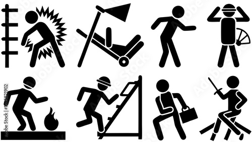 Set of isolated black icons depicting various hazards and precautions for business and safety applications