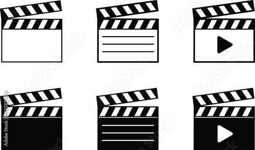 Film clapper board icon set. Open and closed movie clapper vector illustration isolated on transparent background. Movie, cinema, film symbol concept. Filmmaking, video production industry equipment.