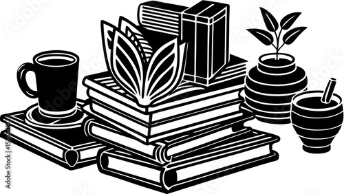 Stylish black and white illustration featuring a stack of books a coffee cup a vase with plants and a drink with straw