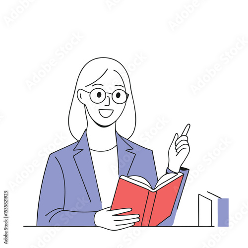 Smiling female figure reads a book and points her finger in minimalist outlined drawing