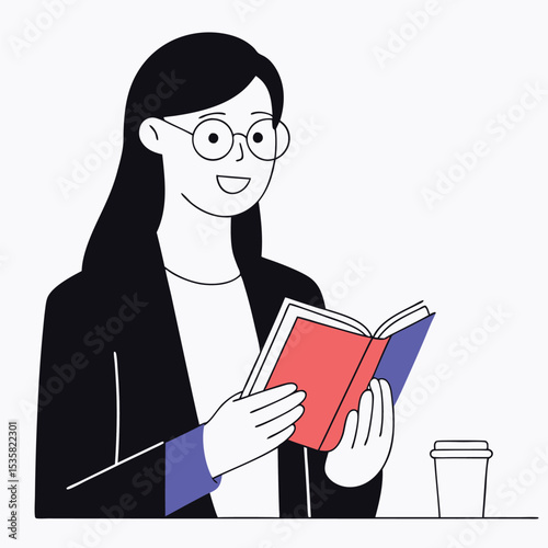 Smiling asian woman with glasses enjoys reading a book and coffee in peace
