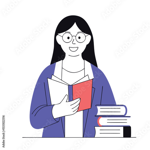 Smiling female student with eyeglasses is reading a book next to stacked books