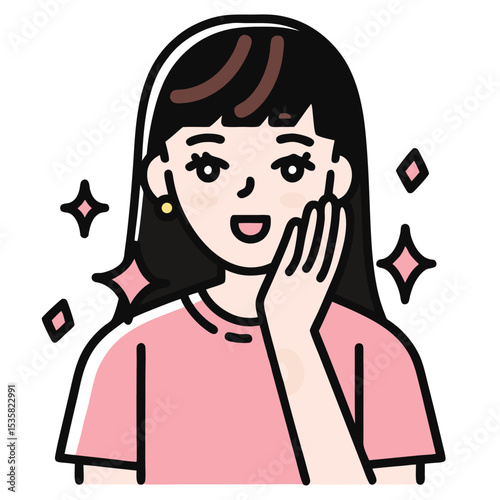 Smiling Asian girl touches her cheek, feeling clean with shining stars around her