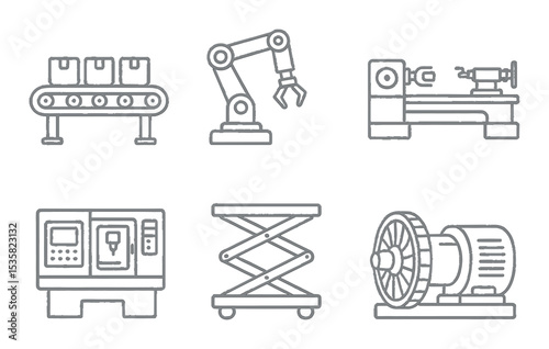 Industrial machinery in linear style: conveyor belt, robotic arm, press machine, lathe, CNC machine, hydraulic lift, turbine, generator.
