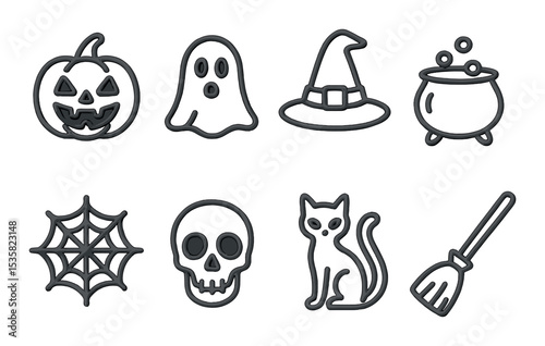 Halloween items linear icons: pumpkin, ghost, witch hat, cauldron, spider web, skull, black cat, broom.